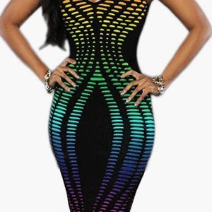 Rainbow V-Neck Sleeveless Bodycon Dress (NWOT)